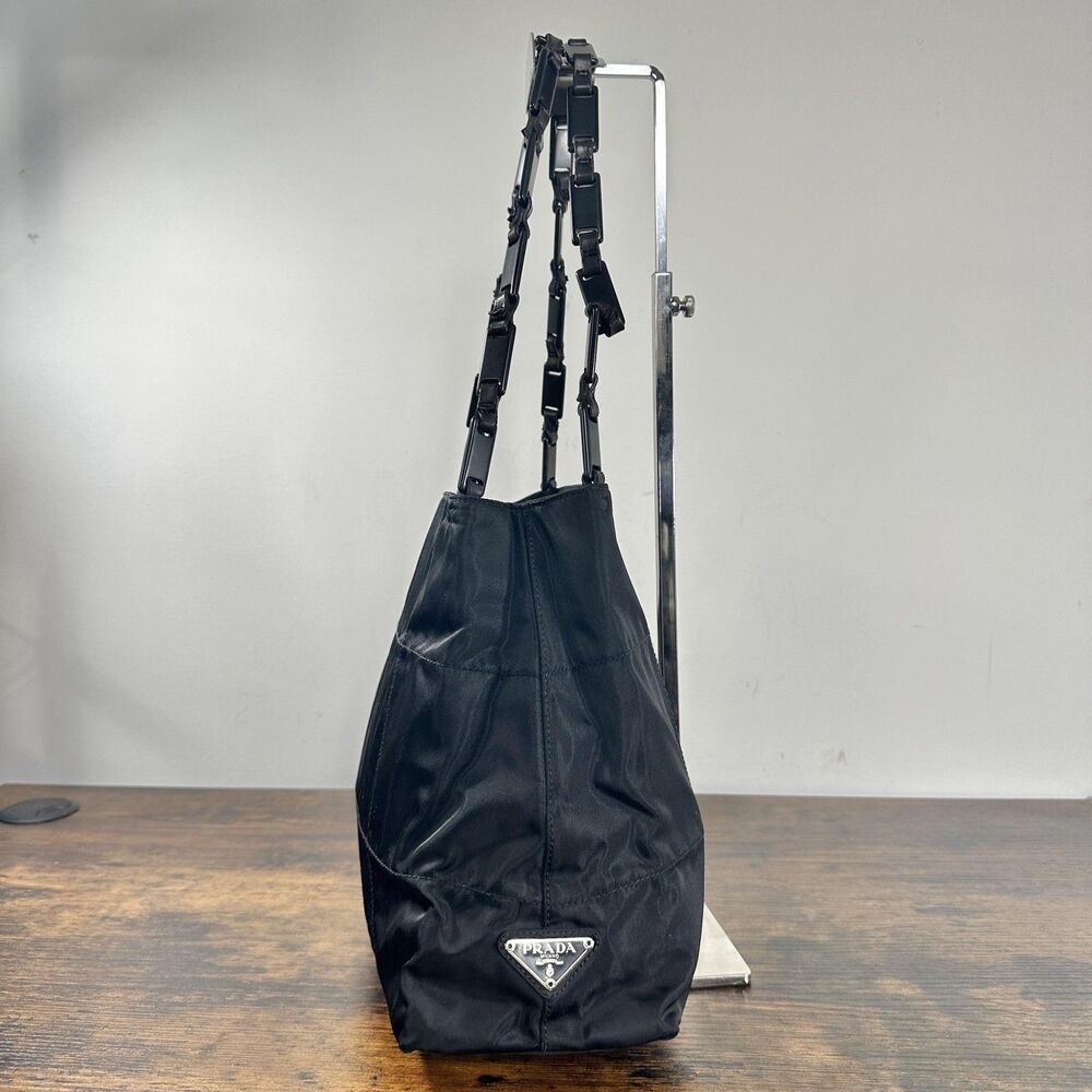 Prada Tessuto Nylon Shoulder Bag Medium Black Leather Strap Italy Logo Hardware - Picture 6 of 16